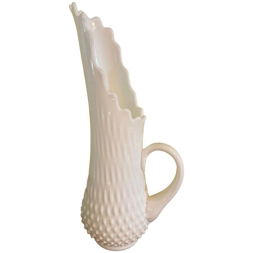 Vintage Fenton Hobnail Milk Glass 16 Finger Swung Pitcher Vase 15" Tall